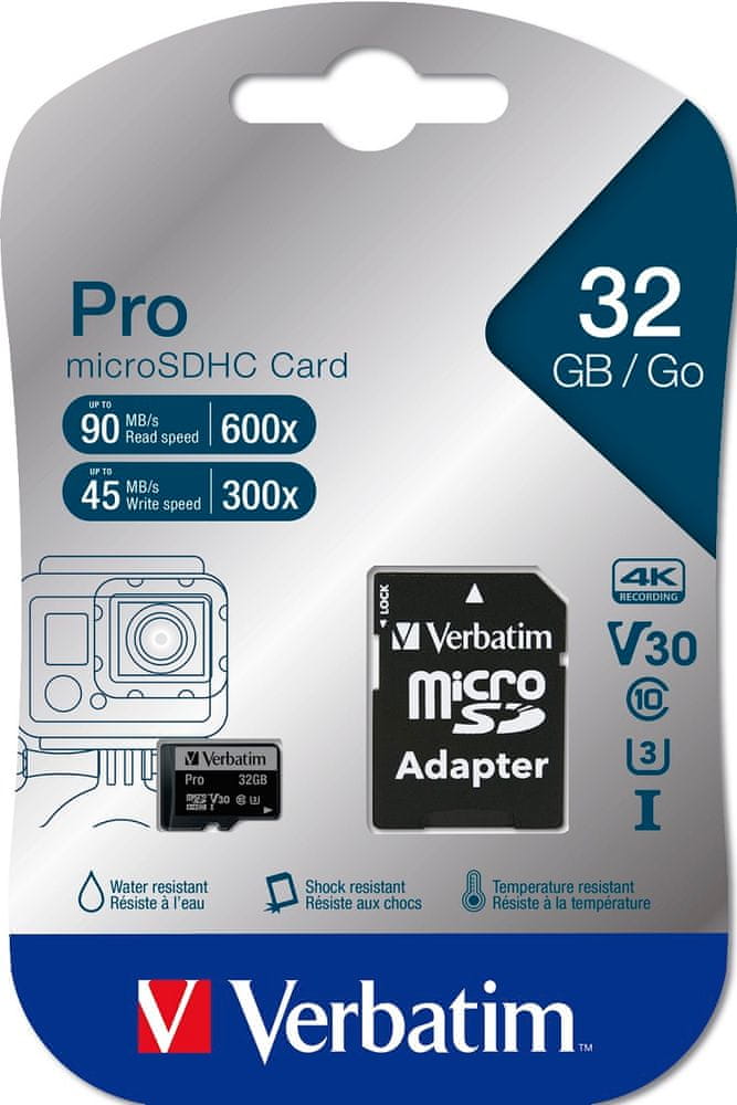 Verbatim Pro microSDHC 32GB UHS-I V30 U3 + SD adaptér (47041)