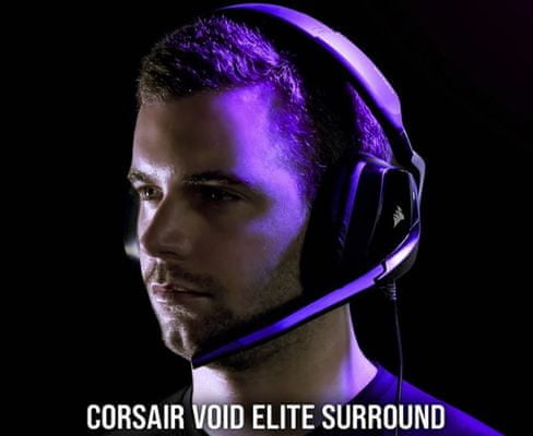 Corsair Void Elite Surround, černá (CA-9011205-EU), sklápěcí mikrofon flexibilní, 50mm měniče, headset, dlouhá životnost, pohodlí