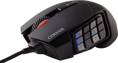 Corsair Scimitar Pro RGB, fekete (CH-9304211-EU) gamer egér, optikai szenzor, hosszú élettartam, RGB hatások, 17 nyomógomb, makrók, DPI 18000