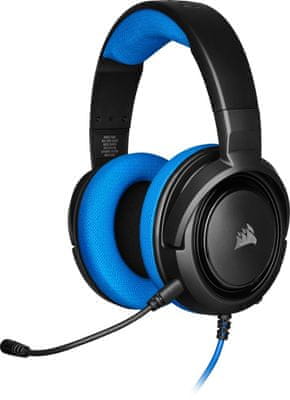 Sluchátka Corsair HS35 Stereo, modrá (CA-9011196-EU), neodymové 50mm měniče, headset, odpojitelný mikrofon, drátové