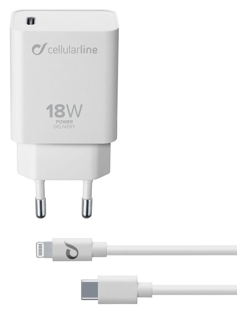CellularLine Set nabíječky s USB-C konektorem a Lightning kabelu,18W PD, MFI certifikace ACHIPHKITC2LPD18WW, bílý