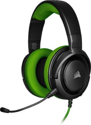 Sluchátka Corsair HS35 Stereo, zelená (CA-9011197-EU), neodymové 50mm měniče, headset, odpojitelný mikrofon, drátové