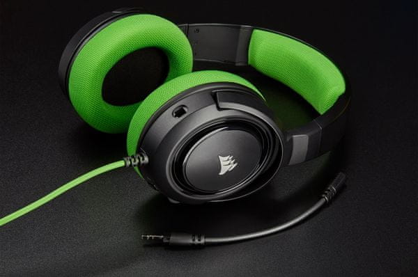 Sluchátka Corsair HS35 Stereo, zelená (CA-9011197-EU), neodymové 50mm měniče, headset, odpojitelný kvalitní mikrofon, drátové, zvuk
