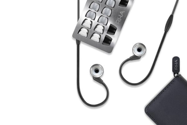 kabelová sluchátka rha ma750i celokovová ocelová můstky za uši mikrofon pro telefonování 3tlačítkový ovladač pohodlná hi-res audio čistý a vyvážený zvuk in-ear konstrukce 3,5mm jack pozlacený