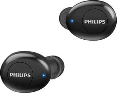 přenosná bezdrátová Bluetooth sluchátka philips taut102bk pohodlná v uších podpora hlasového asistenta siri google assistant li-ion baterie výdrž 3 h na nabití nabíjecí pouzdro 3 plná nabití výborný zvuk silné basy 6mm neodymové měniče uzavřená akustika handsfree mikrofon potlačení šumu a ozvěny u mikrofonu lehká