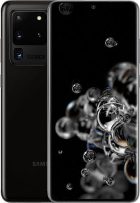 Samsung Galaxy S20 Ultra 5G, dynamic amoled displej 120 Hz, HDR10+, Exynos 990, čtyřnásobný ultraširokoúhlý fotoaparát, teleobjektiv, TOF 3D kamera, rychlé nabíjení, rychlé bezdrátové nabíjení, reverzní dobíjení, ultrasonická čtečka otisků prstů v displeji, velká kapacita baterie, vysokorychlostní síť 5G
