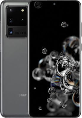 Samsung Galaxy S20 Ultra 5G, dynamic amoled displej 120 Hz, HDR10+, Exynos 990, čtyřnásobný ultraširokoúhlý fotoaparát, teleobjektiv, TOF 3D kamera, rychlé nabíjení, rychlé bezdrátové nabíjení, reverzní dobíjení, ultrasonická čtečka otisků prstů v displeji, velká kapacita baterie, vysokorychlostní síť 5G
