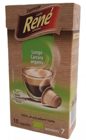 René Lungo Carrara BIO – kompostovatelné kapsle pro kávovary Nespresso, 10 ks