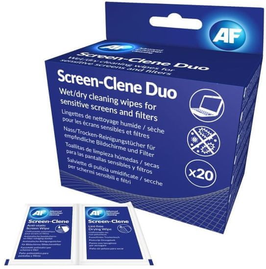 AF Screen-Clene Duo - Antistatické čistící ubrousky na obrazovky suchý / mokrý (20+20 ks) ASCR020