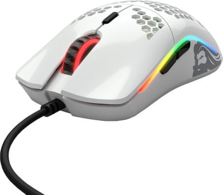 Herní myš Glorious Model O-, bílá (GOM-WHITE), 6 tlačítek, makra, ergonomie, RGB podsvícení, 12 000 DPI, PixArt PMW3360 Omron