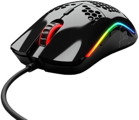 Herní myš Glorious Model O-, lesklá černá (GOM-GBLACK), 6 tlačítek, makra, ergonomie, RGB podsvícení, 12 000 DPI, PixArt PMW3360 Omron