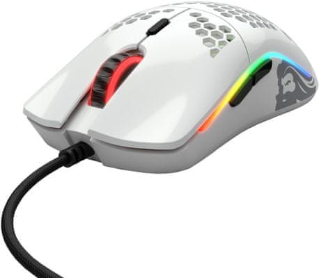 Herní myš Glorious Model O-, lesklá bílá (GOM-GWHITE), 6 tlačítek, makra, ergonomie, RGB podsvícení, 12 000 DPI, PixArt PMW3360 Omron