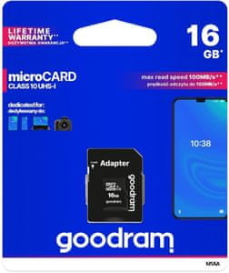 Paměťová karta Goodram microSDHC 16GB M1AA, UHS-I Class 10, U1 + adaptér (M1AA-0160R12) microSDHC SDHC adaptér, vysoká kapacita
