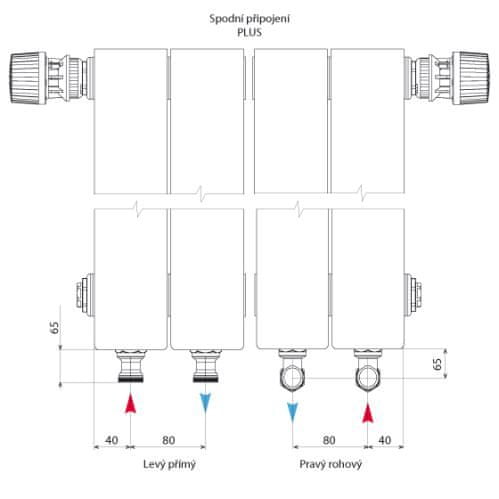 Lipovica Hliníkový radiátor PLANO - 700 - 22 článků, spodní připojení PLUS, pravé, přímé, výkon 3234 Wattů