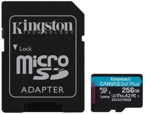Paměťová karta Kingston microSDXC 256GB Canvas Go Plus 170R A2 U3 V30 + adaptér (SDCG3/256GB), vysoká kapacita