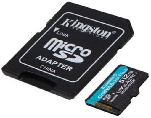 Paměťová karta Kingston microSDXC 512GB Canvas Go Plus 170R A2 U3 V30 + adaptér (SDCG3/512GB), vysoká kapacita