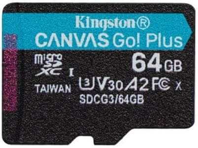 Paměťová karta Kingston microSDXC 64GB Canvas Go Plus 170R A2 U3 V30 (SDCG3/64GBSP), vysoká kapacita