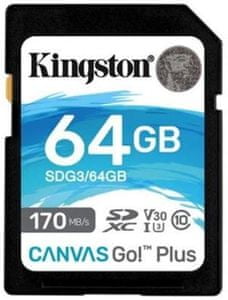 Paměťová karta Kingston SDXC 64GB Canvas Go Plus 170R C10 UHS-I U3 V30 (SDG3/64GB) vysoká kapacita