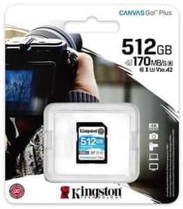 Paměťová karta Kingston SDXC 512GB Canvas Go Plus 170R C10 UHS-I U3 V30 (SDG3/512GB) vysoká kapacita