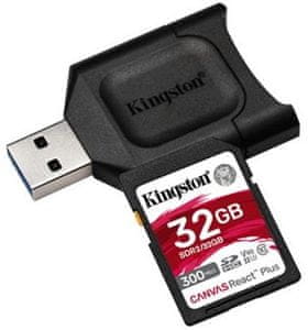 Paměťová karta Kingston SDHC 32GB Canvas React Plus UHS-II V90 + čtečka (MLPR2/32GB) vysoká kapacita