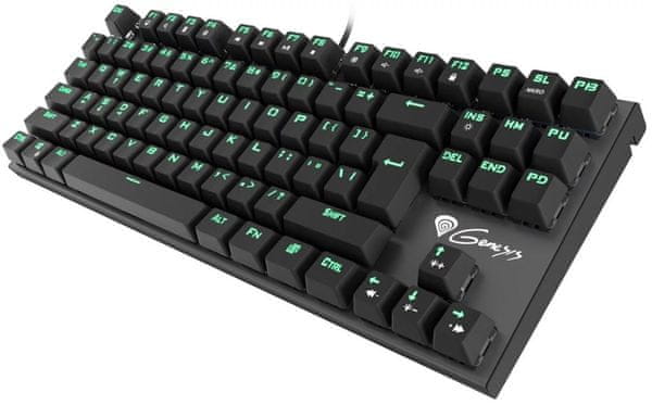 Herná klávesnica Genesis Thor 300, Outemu Blue, TKL, kompaktná, prenosná, zelené podsvietenie, odolná, hliníkové kovové telo