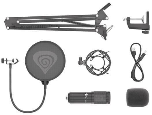 Genesis Radium 400, pop-filtr, stolní držák s ramenem, pěnová hubička, antivibravní košík