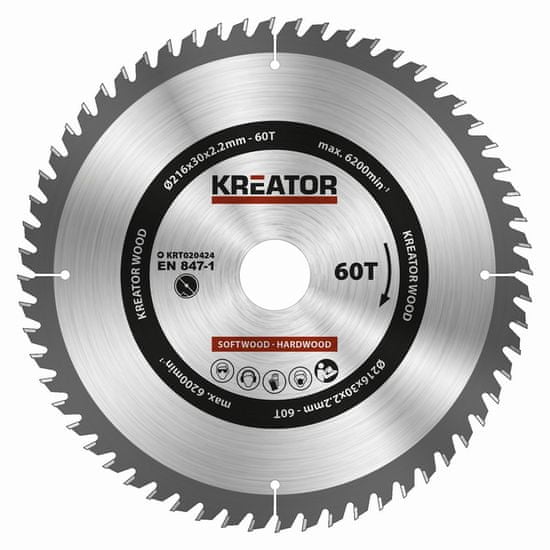 Kreator KRT020424 - Pilový kotouč na dřevo 216mm, 60T