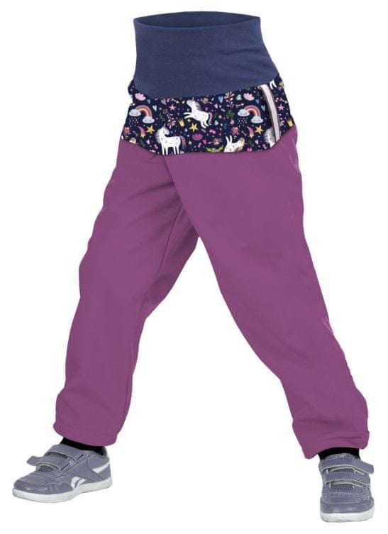 Unuo dívčí batolecí softshellové kalhoty s fleecem Jednorožci 92 - 98 fialová