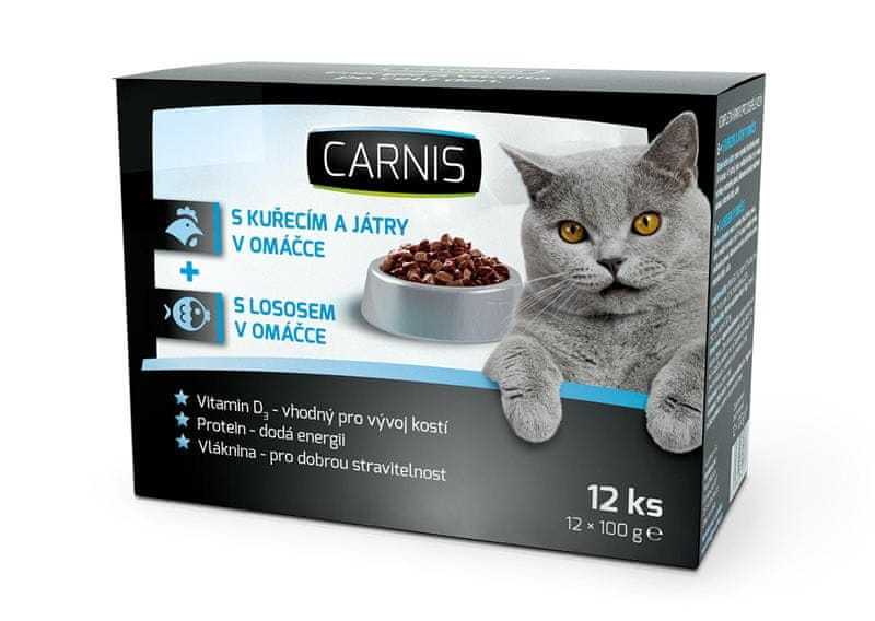 Carnis kapsičky pro kočky příchuť kuřecí s játry a losos 12x100 g