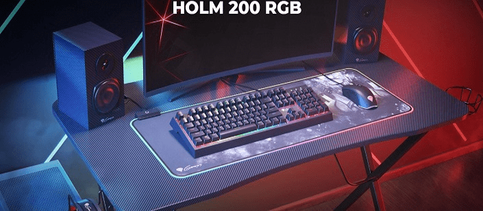 Genesis Holm 200 játékasztal, RGB LED, fekete (NDS-1606), számítógép asztal, cable managment, USB hub, vezeték nélküli töltés, integrált töltő, palacktartó, fejhallgató-tartó, monitor polc
