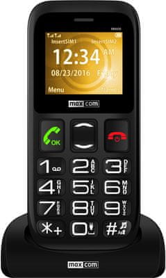 Maxcom MM426, mobil pro seniory, velká tlačítka, SOS tlačítko, fotokontakty, jednoduché ovládání, nabíjecí stojánek