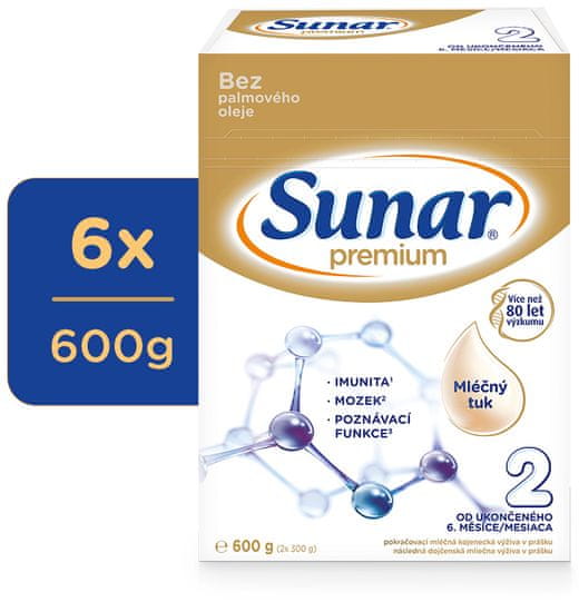 Sunar Premium 2, pokračovací kojenecké mléko, 6x600g