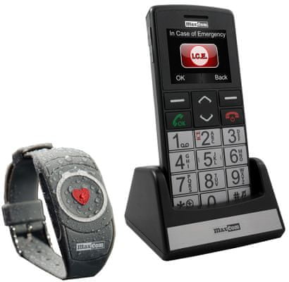 Maxcom MM715, mobil pro důchodce, voděodolný náramek s SOS tlačítkem