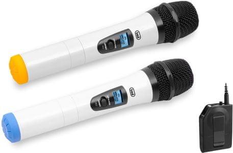 sada 2 karaoke mikrofonů trevi em 420 r bezdrátové 6,3mm jack připojení jasný zvuk bez zkreslení napájení 2 AA bateriemi lithiová baterie v přijímači nízká váha odolný kovový design dosah bezdrátového přenosu 20 m dynamický jednosměrný typ