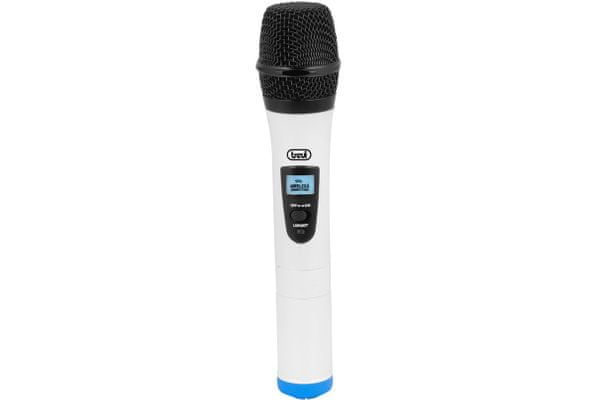 sada 2 karaoke mikrofonů trevi em 420 r bezdrátové 6,3mm jack připojení jasný zvuk bez zkreslení napájení 2 AA bateriemi lithiová baterie v přijímači nízká váha odolný kovový design dosah bezdrátového přenosu 20 m dynamický jednosměrný typ