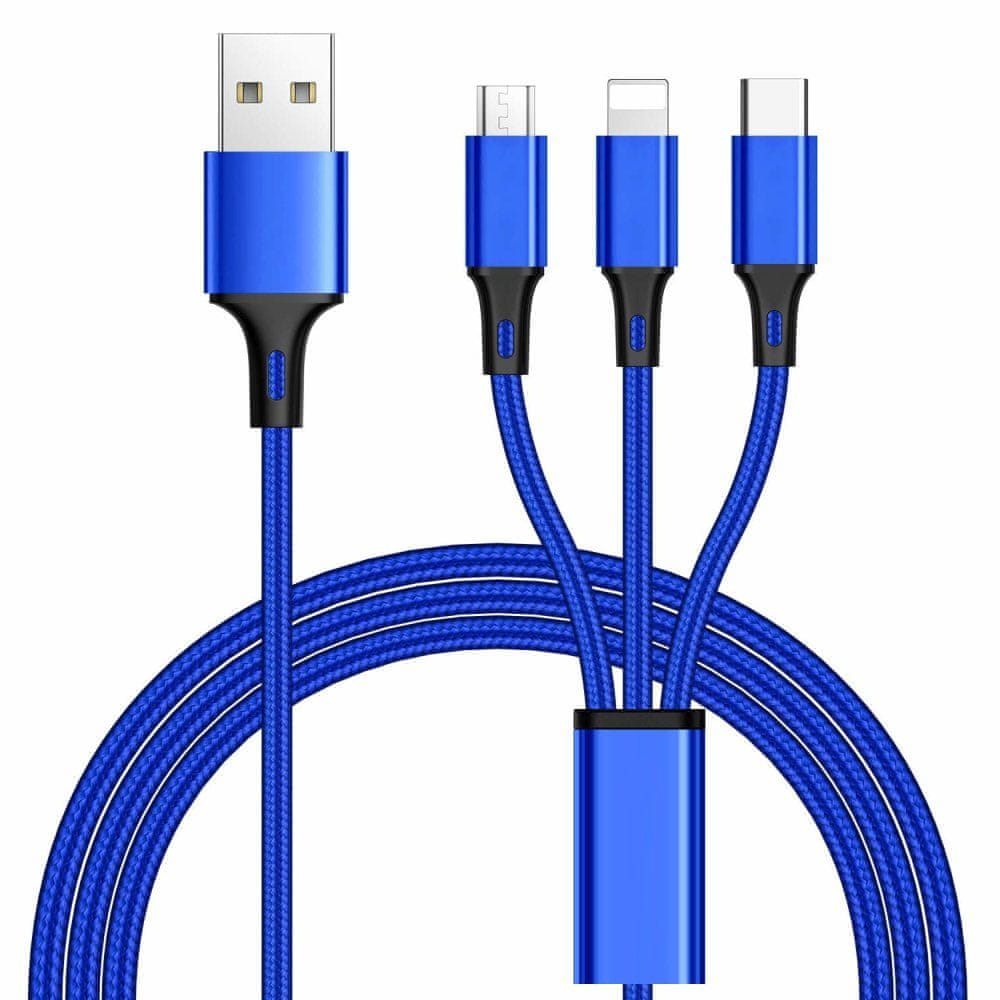 Levně PremiumCord 3 in 1 USB kabel, 3 konektory USB-C + microUSB + Lightning, 1,2 m, ku31pow01