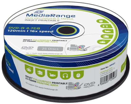 MediaRange DVD-R 4,7GB 16x spindl 25ks Inkjet Printable (MR407)