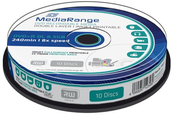 MediaRange DVD+R 8,5GB 8x Dual Layer spindl 10ks Inkjet Printable (MR468)