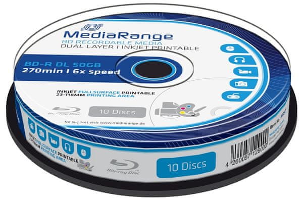 Blue-ray disky MediaRange Dual Layer, vysoká kapacita potisknutelné