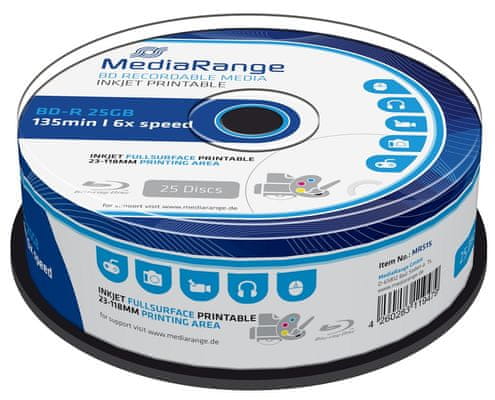 Blue-ray disky MediaRange, vysoká kapacita, potisknutelné