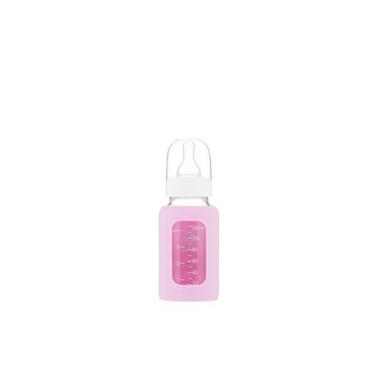 EcoViking Kojenecká lahev skleněná 120 ml úzká silikonový obal růžová