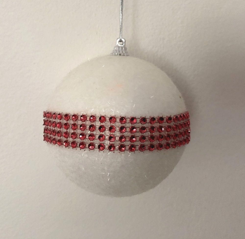 DUE ESSE Set 4 ks vánočních ozdob - bílá koule s červenými kamínky, Ø 10 cm