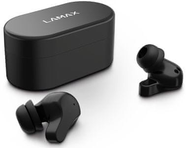bezdrátová Bluetooth sluchátka do uší lamax taps1 nabíjecí box výdrž 6 h výdrž s boxem až 18 h handsfree mikrofon čistý zvuk ip54 krytí hlasoví asistenti čistý zvuk moderní design nízká hmotnost vestavěné ovládání