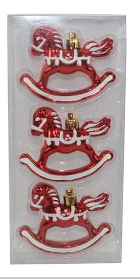 DUE ESSE Set 3 ks vánočních ozdob houpací kůň, 8 cm, červená/bílá