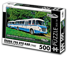 RETRO-AUTA© Puzzle BUS 14 - ŠKODA 706 RTO KAR s vlečným vozem Jelcz P-01E (1968) 500 dílků