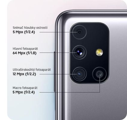 Samsung Galaxy M31s, čtyřnásobný fotoaparát, vysoké rozlišení, ultraširokoúhlý objektiv, makro, hloubka ostrosti, bokeh efekt