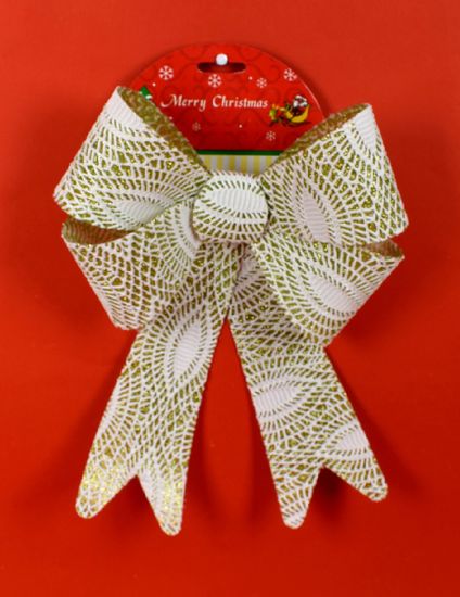 DUE ESSE Vánoční zlatá mašle se třpytkami a bílou krajkou 30 cm, vzor 1 - rozbaleno