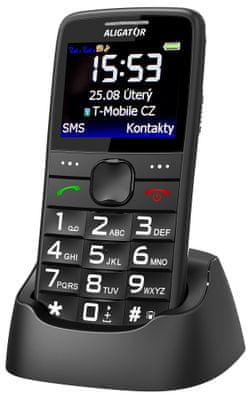 Aligator A675 Senior, mobil pro seniory, velká tlačítka, SOS tlačítko, fotokontakty, jednoduché ovládání, nabíjecí stojánek, jednoduché obrázkové menu, mobil pro důchodce