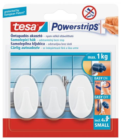 Tesa Powerstrips Háčky, 3ks, malé, oválné, plastové, bílé, nosnost 1 kg