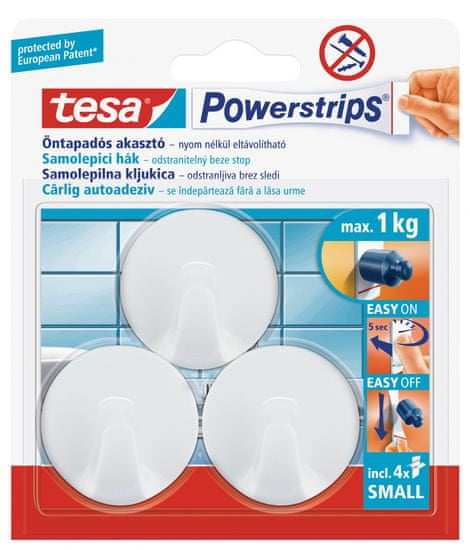 Tesa Powerstrips Háčky, 3ks, malé, kruhové, plastové, bílé, nosnost 1 kg